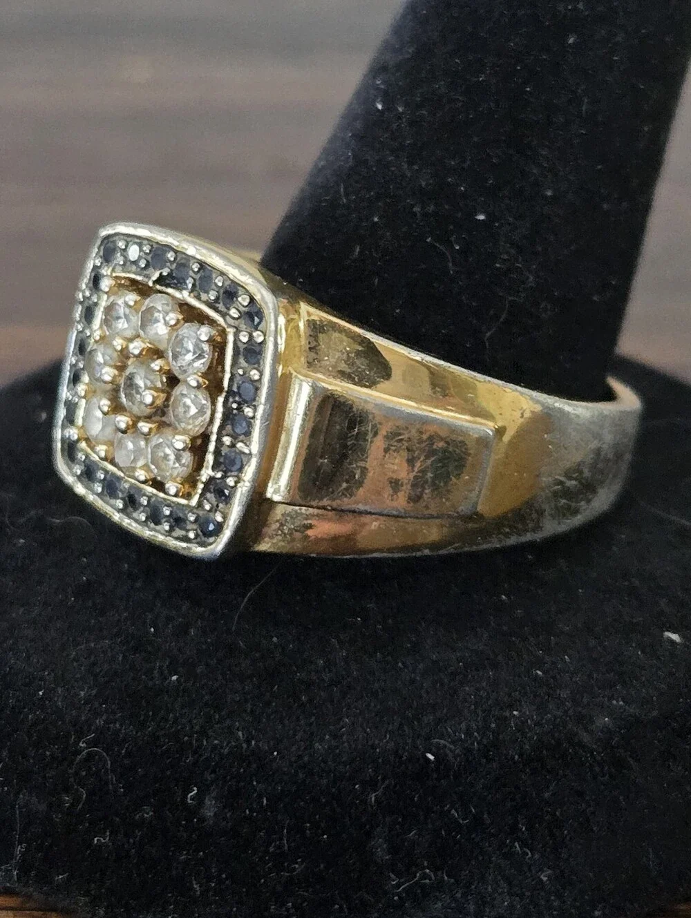 VTG 80s RSC Gold Plated Faux Black White Diamond Cushion Set Signet Ring 13